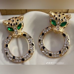 Panther Earrings with clear and green rhinestones